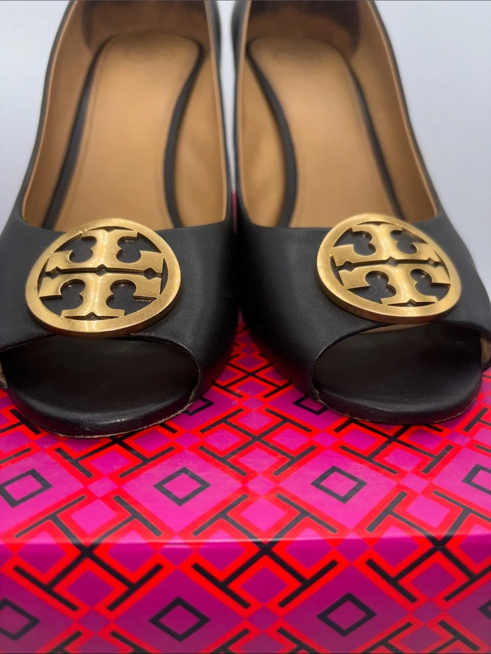 Tory Burch Black Leather Peep Toe Wedges with Gold Logo Medallion